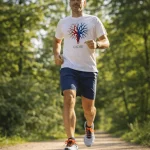 Fotografía profesional de estilo lifestyle deportivo. Un corredor popular trotando por un sendero soleado en un parque frondoso. El plano es de cuerpo completo pero con un enfoque nítido en el detalle de las zapatillas de running modernas. El corredor viste una camiseta técnica blanca que tiene impreso en el pecho el logo de un árbol formado por venas y arterias (rojo a la izquierda, azul a la derecha). Estilo realista, profundidad de campo desenfocando el fondo, luz natural de mañana.